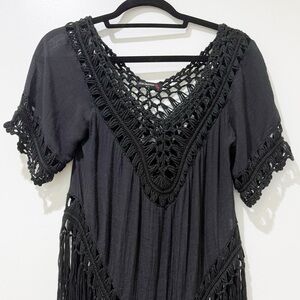70s black crochet + fringe boho tunic top
